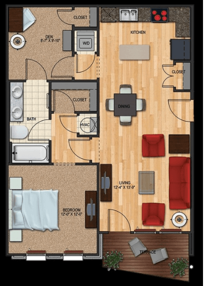 Floor plan for 2 beds, 1 bath, 824 sqft