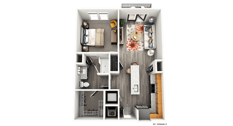 Floor plan for 1 bed, 1 bath, 722 sqft