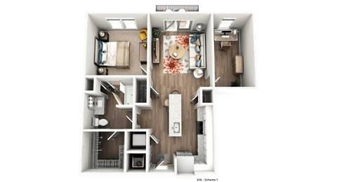 Floor plan for 1 bed, 1 bath, 840 sqft