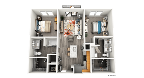 Floor plan for 2 beds, 2 baths, 955 sqft