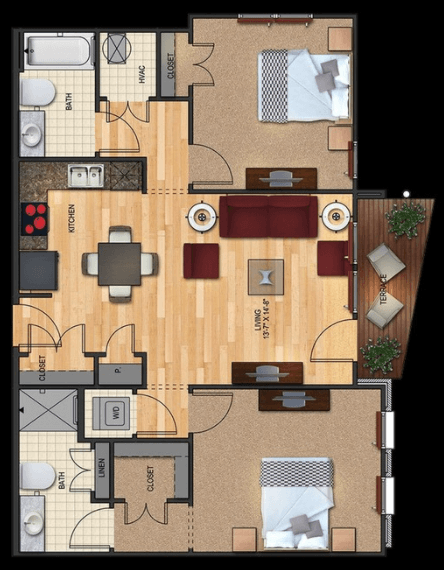 Floor plan for 2 beds, 2 baths, 953 sqft