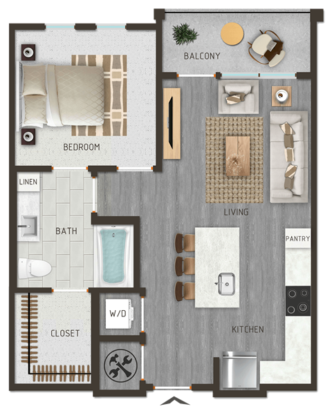 Floor plan for 1 bed, 1 bath, 642 sqft