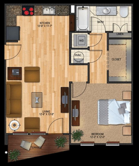 Floor plan for 1 bed, 1 bath, 824 sqft