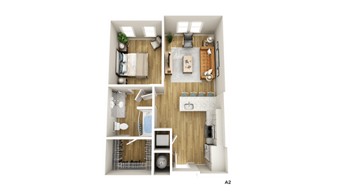 Floor plan for 1 bed, 1 bath, 684 sqft