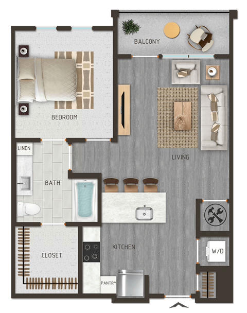 Floor plan for 1 bed, 1 bath, 725 sqft
