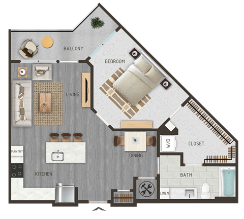 Floor plan for 1 bed, 1 bath, 803 sqft