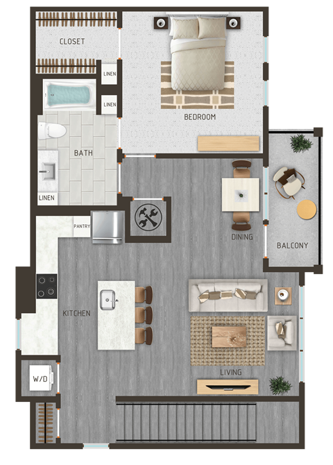 Floor plan for 1 bed, 1 bath, 952 sqft