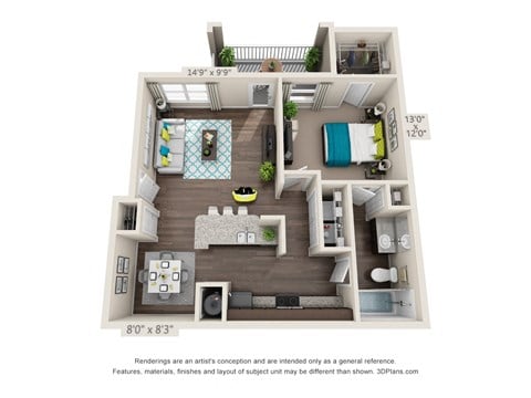 Floor plan for 1 bed, 1 bath, 822 sqft