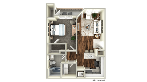Floor plan for 1 bed, 1 bath, 723 sqft