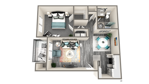 Floor plan for 1 bed, 1 bath, 798 sqft