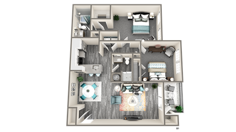 Floor plan for 2 beds, 2 baths, 1087 sqft