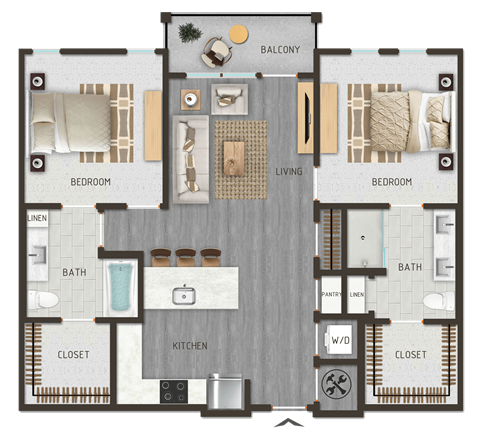 Floor plan for 2 beds, 2 baths, 1090 sqft