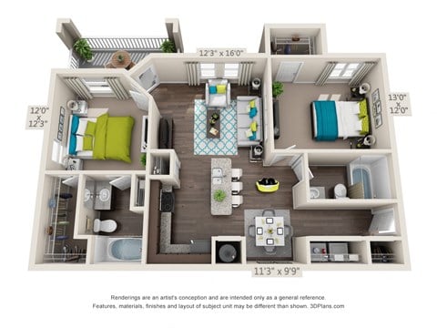Floor plan for 2 beds, 2 baths, 1132 sqft