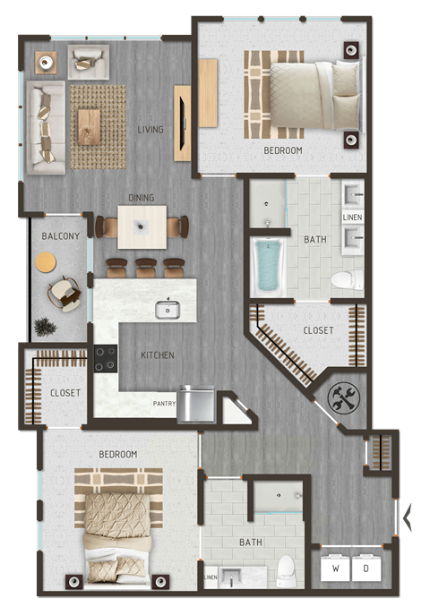 Floor plan for 2 beds, 2 baths, 1219 sqft