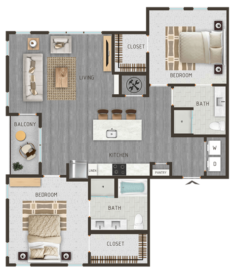 Floor plan for 2 beds, 2 baths, 1263 sqft