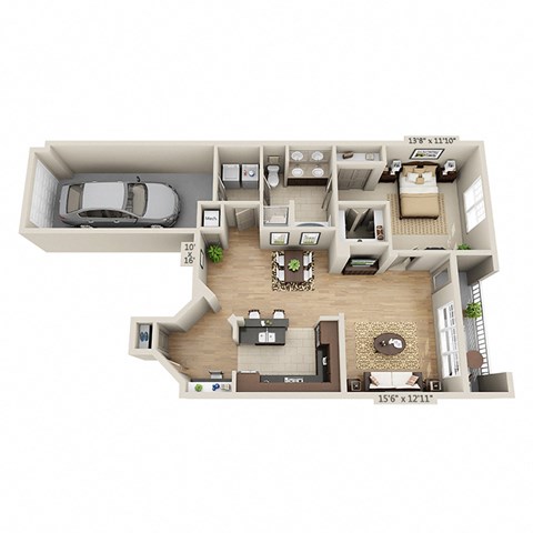 Floor plan for 1 bed, 1 bath, 1070 sqft
