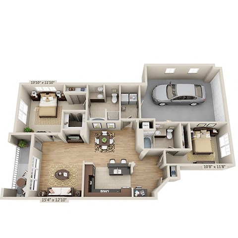 Floor plan for 2 beds, 2 baths, 1288 sqft