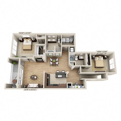 Floor plan for 2 beds, 2 baths, 1380 sqft