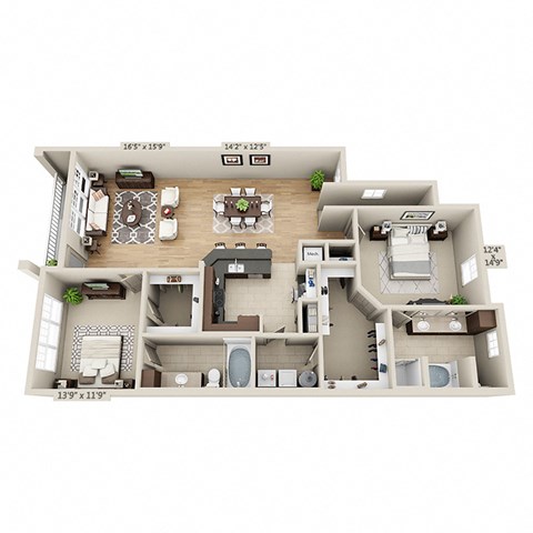 Floor plan for 2 beds, 2 baths, 1625 sqft