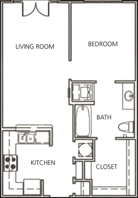 Floor plan for 1 bed, 1 bath, 615 sqft