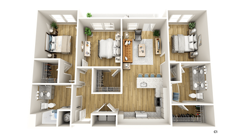 Floor plan for 3 beds, 2 baths, 1337 sqft