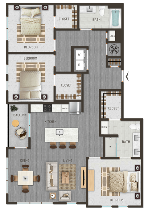 Floor plan for 3 beds, 2 baths, 1400 sqft
