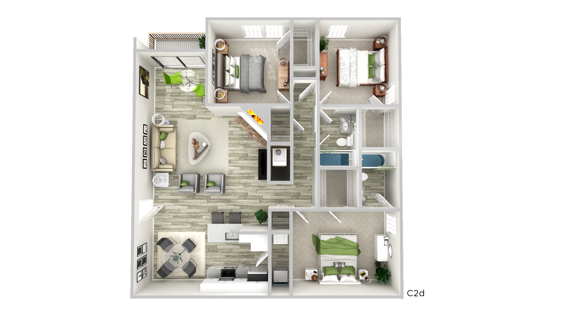 Floor plan for 3 beds, 2 baths, 1354 sqft