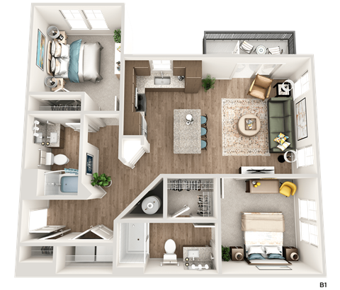 Floor plan for 2 beds, 2 baths, 1056 sqft