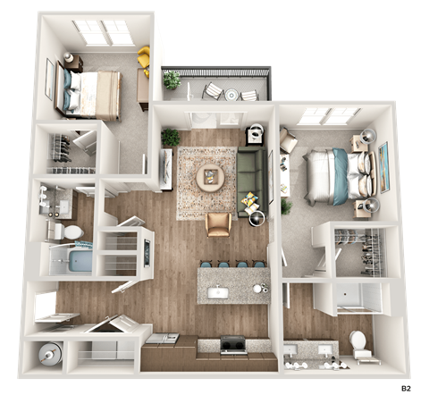 Floor plan for 2 beds, 2 baths, 1069 sqft