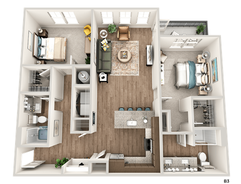 Floor plan for 2 beds, 2 baths, 1283 sqft