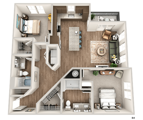 Floor plan for 2 beds, 2 baths, 1291 sqft