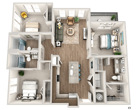 Floor plan for 3 beds, 3 baths, 1376 sqft