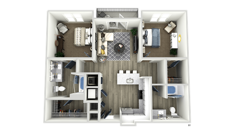 Floor plan for 2 beds, 2 baths, 1009 sqft