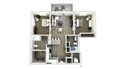Floor plan for 2 beds, 2 baths, 1121 sqft