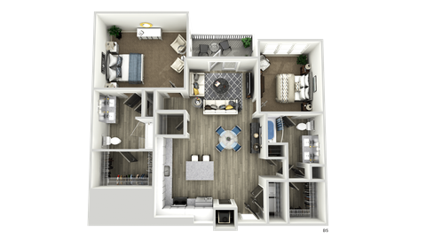 Floor plan for 2 beds, 2 baths, 1327 sqft