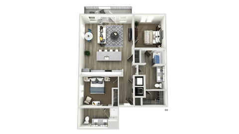 Floor plan for 2 beds, 2 baths, 1052 sqft