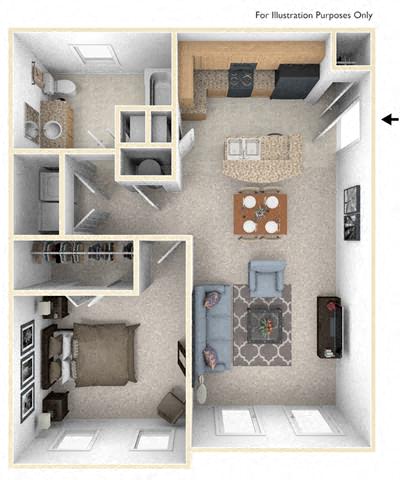 Floor plan for 1 bed, 1 bath, 721 sqft