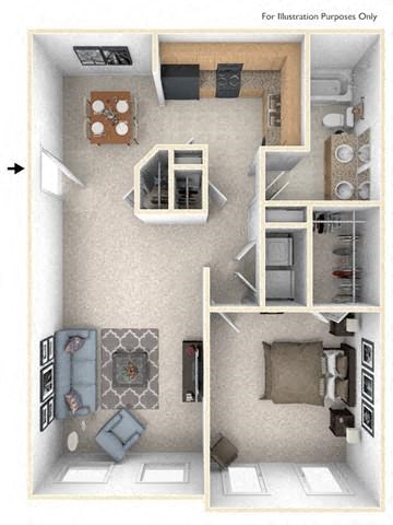 Floor plan for 1 bed, 1 bath, 911 sqft