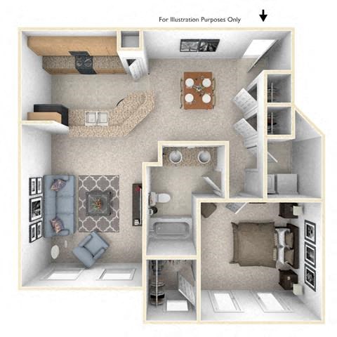 Floor plan for 1 bed, 1 bath, 841 sqft