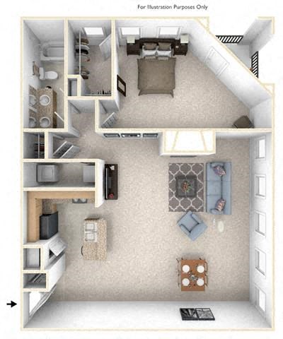 Floor plan for 1 bed, 1 bath, 1099 sqft