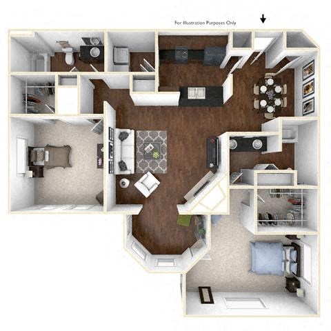 Floor plan for 2 beds, 2 baths, 1491 sqft