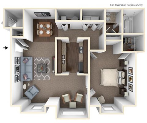 Floor plan for 1 bed, 1 bath, 798 sqft