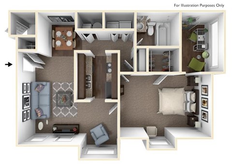 Floor plan for 1 bed, 1 bath, 886 sqft