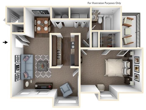 Floor plan for 1 bed, 1 bath, 893 sqft