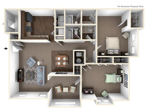 Floor plan for 2 beds, 2 baths, 1355 sqft