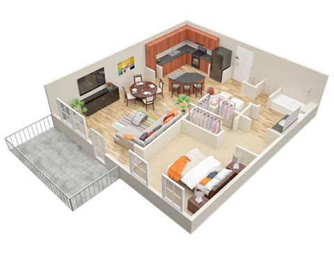 Floor plan for 1 bed, 1 bath, 844 sqft