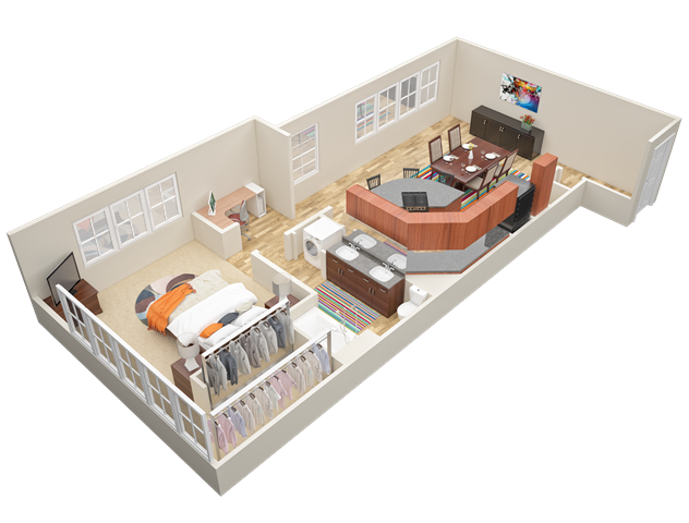 Floor plan for 1 bed, 1 bath, 957 sqft