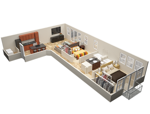 Floor plan for 2 beds, 2 baths, 1229 sqft
