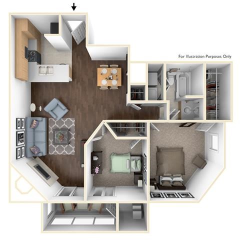 Floor plan for 2 beds, 1 bath, 1142 sqft