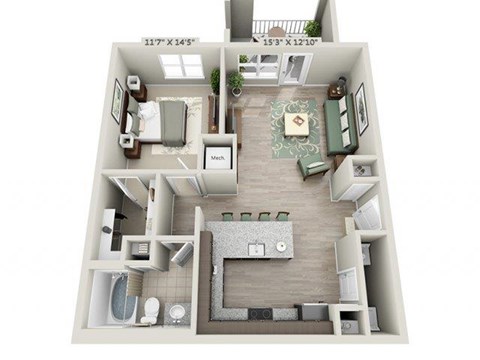 Floor plan for 1 bed, 1 bath, 831 sqft